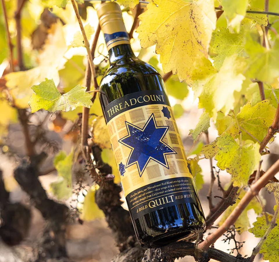 A bottle of Threadcount wine positioned so it is leaning on a grapevine branch.